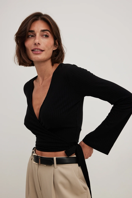 Ribbed Wrap Tie Top Black