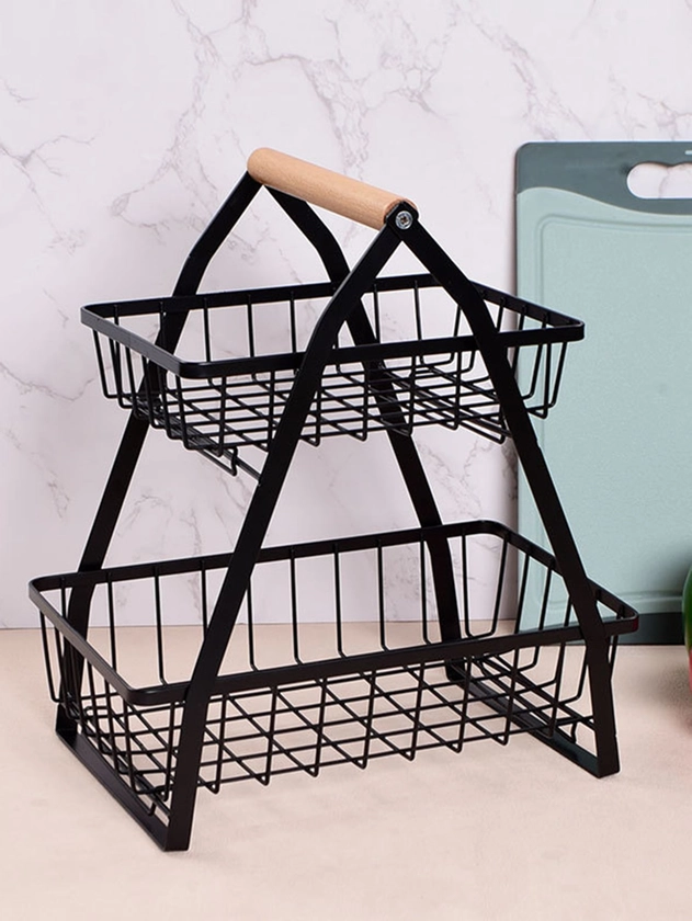 1pc Foldable Double Layer Iron Kitchen Storage Basket For Vegetables And Fruits
