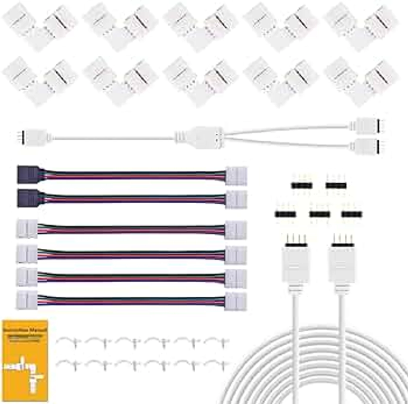 REDTRON LED Light Connector Kit, 10mm RGB LED Connector Includes 10x L Shape Connectors,2M LED Strip Light Extension Cable,4X Strip to Strip Jumpers,5X 4 Pin Male Connectors