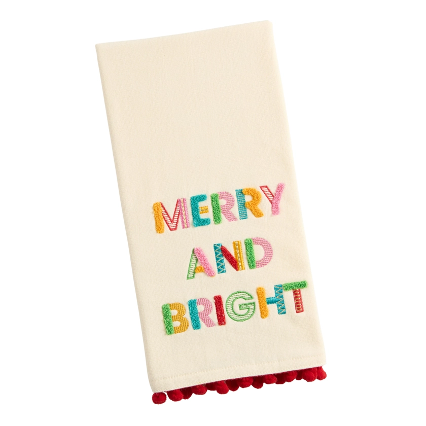 White Multicolor Merry and Bright Embroidered Hand Towel - World Market