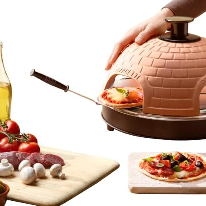 Emerio PO-115985 Four à pizza, couvercle en terre cuite, fait à la main, design breveté, pour mini pizza, véritable plaisir familial pour 4 personnes : Amazon.com.be: Cuisine et maison