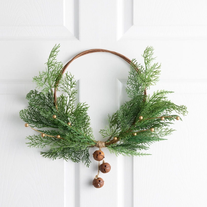 Green Faux Cedar and Gold Berry Ring Wreath with Bells - World Market