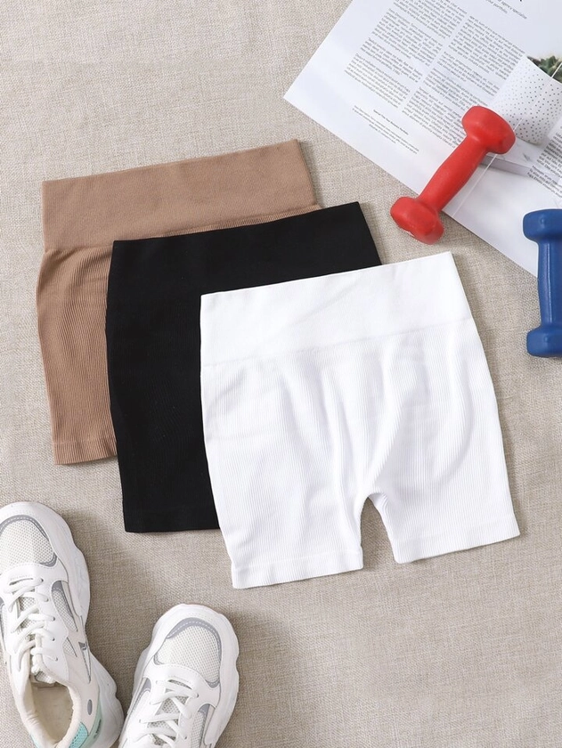 Yoga Basic 3pcs High Waist Ribbed Sports Shorts spandex shorts