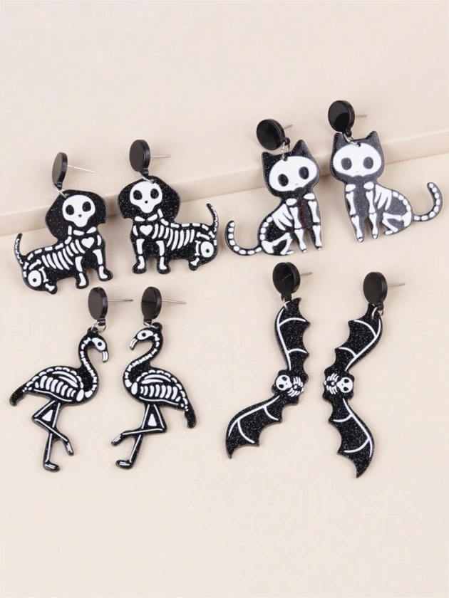 1 par de pendientes de personalidad con diseño de flamenco, murciélago, gato y calavera para mujeres en Halloween