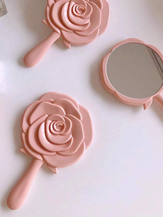 Miroir de maquillage portable avec miroir de dressing de dortoir en forme de fleur rose