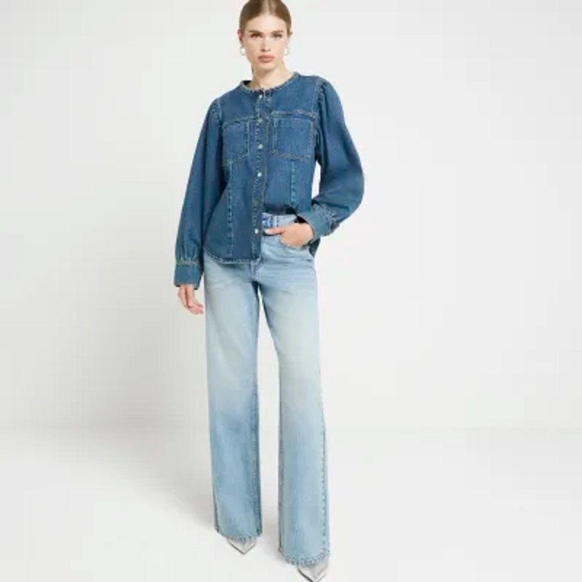 Blue high waisted relaxed straight jeans