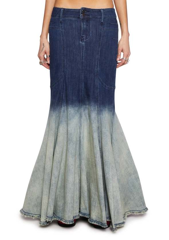 Current Mood Dip Dye Mermaid Denim Maxi Skirt - Light Blue