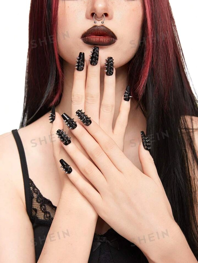 ROMWE Goth 10 piezas de uñas postizas de alta calidad de estilo oscuro con remaches hechos a mano + 3 piezas de adhesivo doble cara, arte de uñas gótico punk Y2K, pegatinas de uñas removibles de bloque de color pintadas a mano, adecuadas para festival, fiesta, baile y uso diario