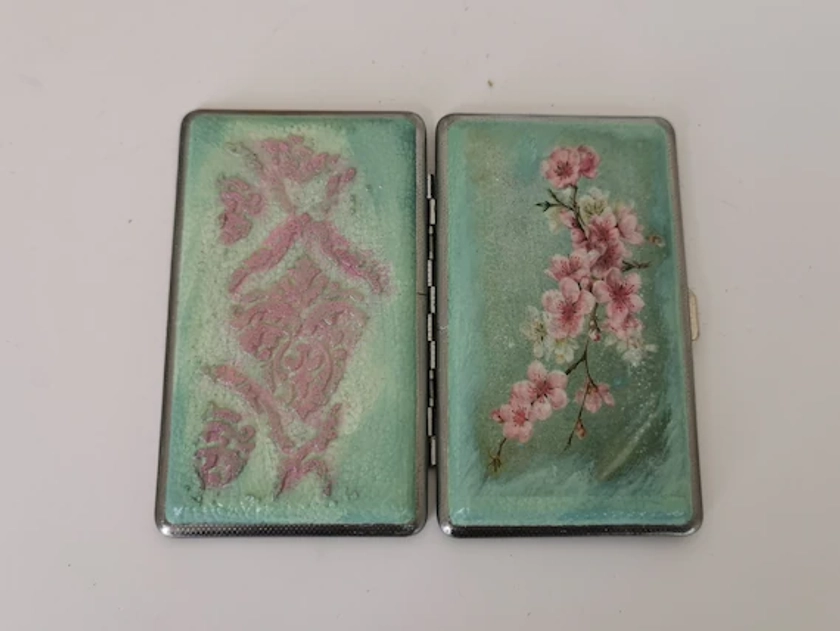 Cherry Blossom Cigarette Holder, Cigarette Box, Decoupage Cigarette Case, Decorated Cigarette Case Metal Cigarette Case Business Card Holder