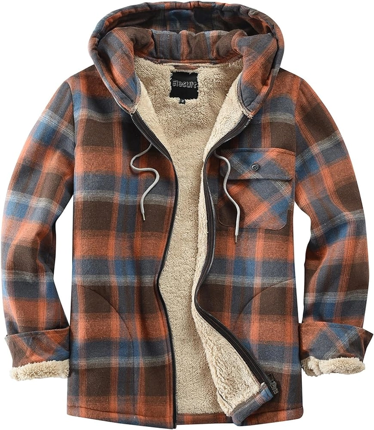 Men's Full Zip Fleece Flannel Jackets Shirt Plaid Cotton Hoodies Soft Warm Coat for Men with Hood