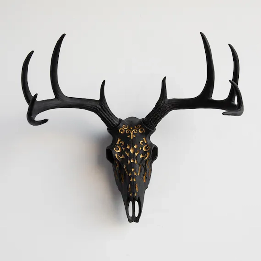 Crâne de cerf sculpté décoratif imitation taxidermie - Décoration murale - Noir et or - DBS170817