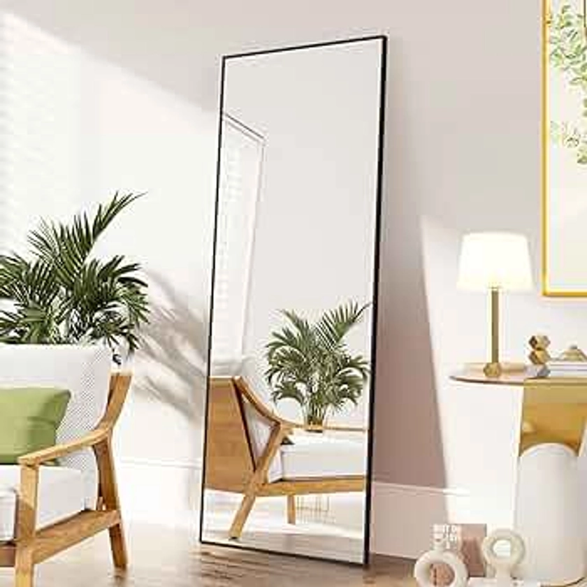 FANYUSHOW Full Length Mirror, Standing Hanging or Leaning Body Mirror, Simple Rectangle Design, Aluminum Alloy Thin Frame, Floor Mirror for Bedrooms, Bathrooms, Living Room (Black)