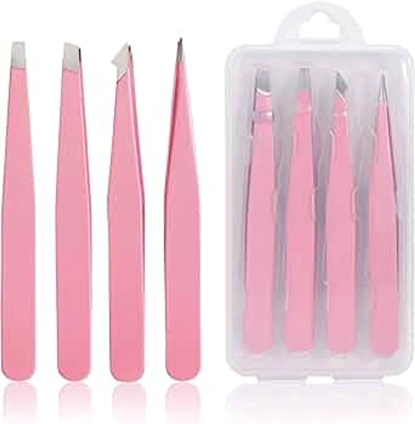 Tweezers Set 4-piece, Professional Stainless Steel Tweezers, Precision Tweezers for Eyebrows, Facial Hair, Ingrown Hair, Splinter, Blackhead and Tick Remover (PINK)