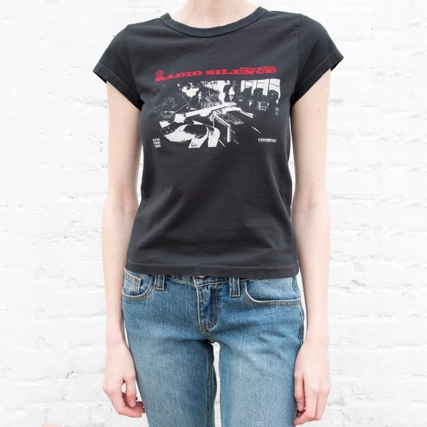 T-shirt manches courtes femme, haut court, imprimé devant, "Radio Silence", A568