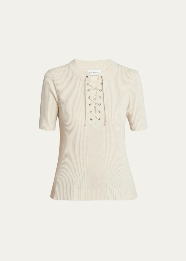 Dries Van Noten Taru Lace-Up Ribbed Polo Top