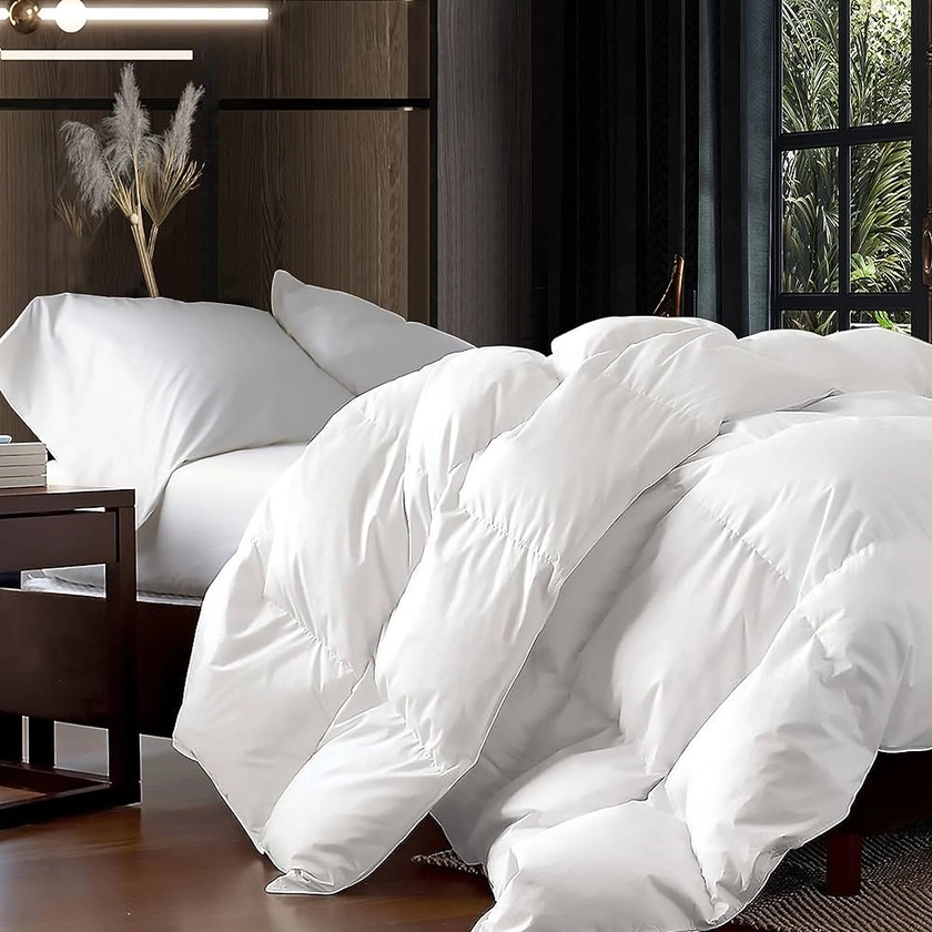 Amazon.com: Luxurious Queen Size Goose Down Fiber Waterfowl Feather Fiber Comforter Duvet, 100% Egyptian Cotton Cover, 48 oz. Fill Weight, Baffle Box Design, White Solid : Home & Kitchen
