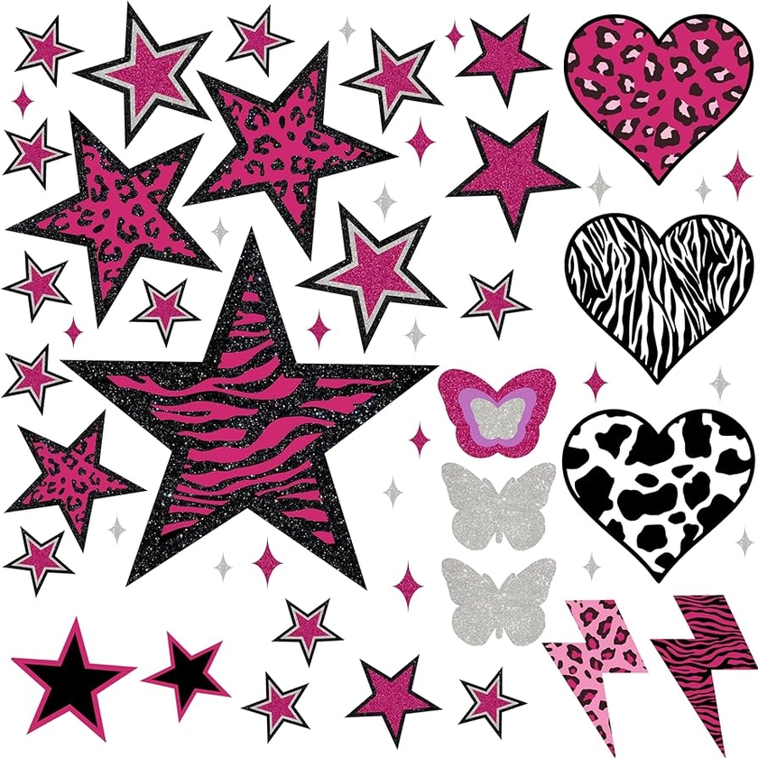 50PCS Y2K Room Decor Aesthetic Wall Decal, 2000s Mcbling Vinyl Peel and Stick Stickers for College Teen Girls Bedroom, Pink Stars Trashy Y2k Decorations for Women Apartment.