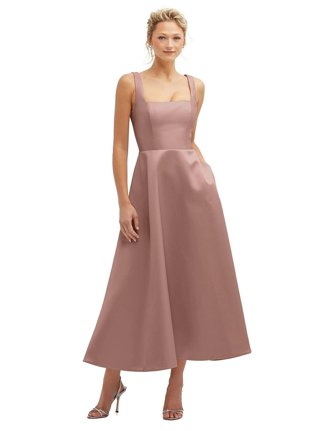 Square Neck Satin Midi Dress with Full Skirt & Pockets