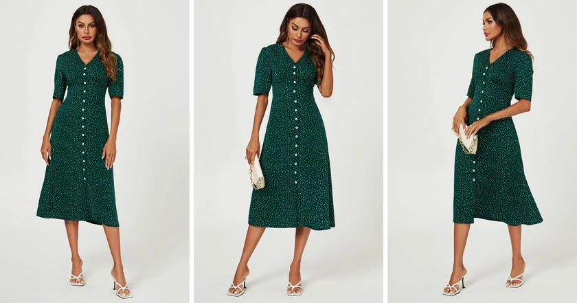 Dot Print Button Front Midi Dress In Green | FS Collection | SilkFred