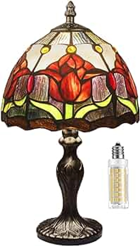 MIAOKE Lampe Tiffany, Vintage Fleur Vitrail Style Table Lampe, Chambre Lampe Art Deco Vintage Lampe De Salon Sur Table-(rose rouge)