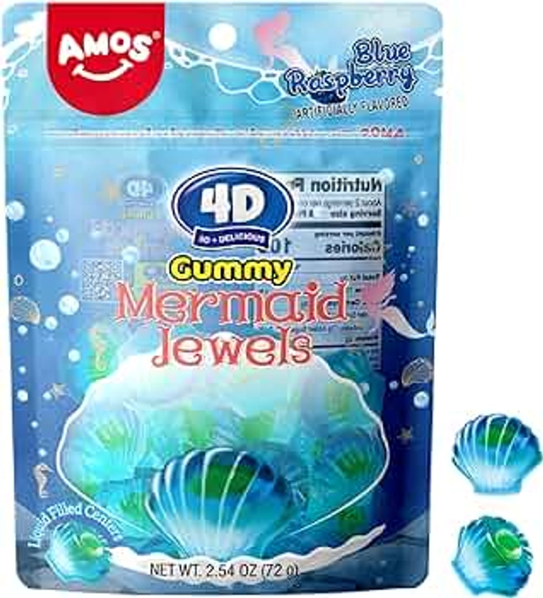 Amos 4D Gummy Candy Mermaid Jewels Fruity Filled, Soft Center Jelly-filled Seashell Candy for Girls Mermaid Party, Resealable 2.54oz Bags(Pack of 3）