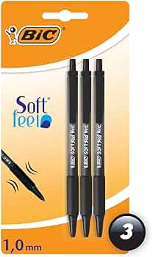 BIC Soft Feel Ballpoint Pens - Black - Pack of 3 Pens - Medium Point (1.0 mm) with Rubber Grip for Comfort, 3 Count (Pack of 1)