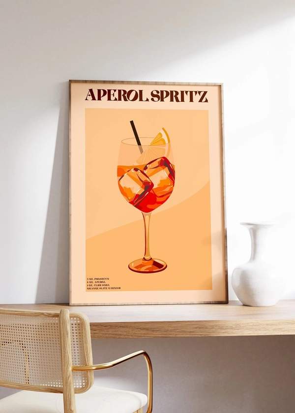 Aperol Spritz Cocktail Print, Kitchen Poster, Orange Minimalist Retro Digital Art,Bar Cart Decor,Digital Download, Aperol Spritz Poster