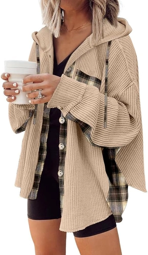 SHEWIN Womens Waffle Knit Plaid Shacket Boyfriend Button Down Shirt Hooded Jacket Loose Long Sleeve Tops