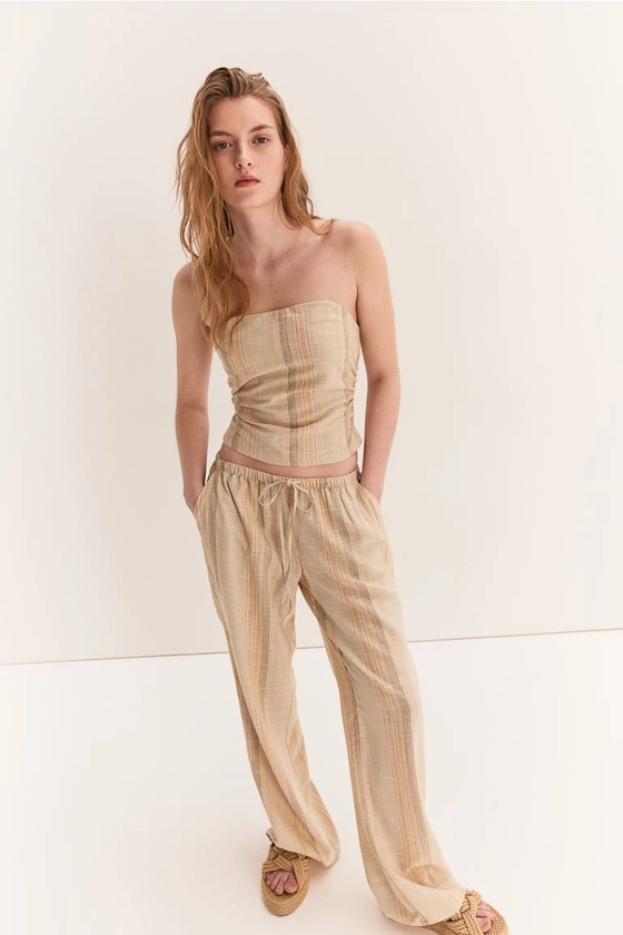 Pantalon en lin mélangé avec taille élastique - Beige/rayé - FEMME | H&M FR