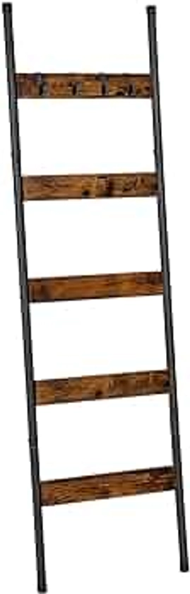 HOOBRO Blanket Ladder, 5-Tier Towel Rack with Hooks, Wall-Leaning Blanket Rack, Decorative Display Ladder Shelf, Scarves, Industrial, Living Room, Bedroom, Rustic Brown and Black BF52CJ01