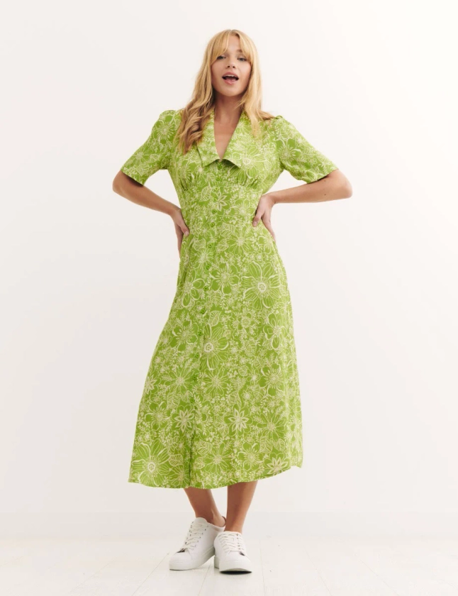 Green Floral Daisy Midi Dress