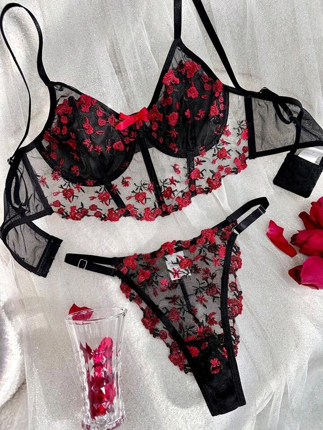 Conjunto De Lingerie De Bralette De Patchwork De Malha Bordada Para Mulheres