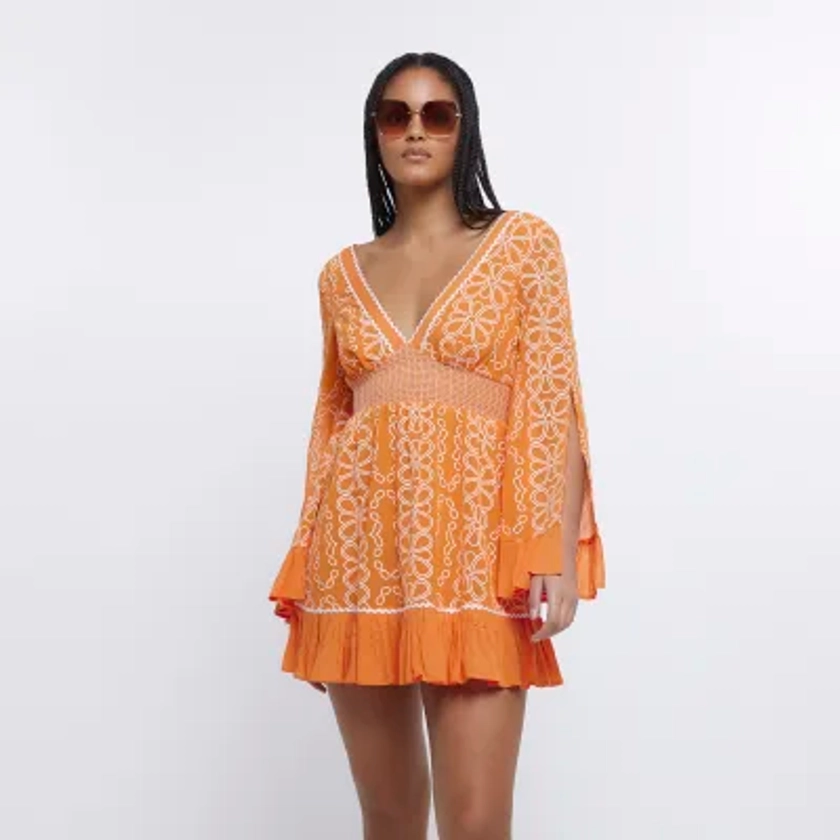 Orange floral embroidered beach mini dress