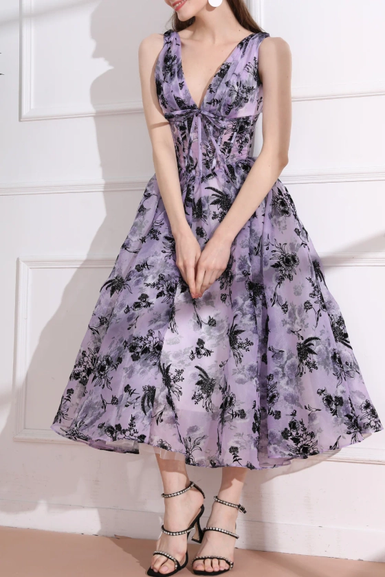 MissJophiel Straps V Neck Corset Floral Print Organza Midi Dress