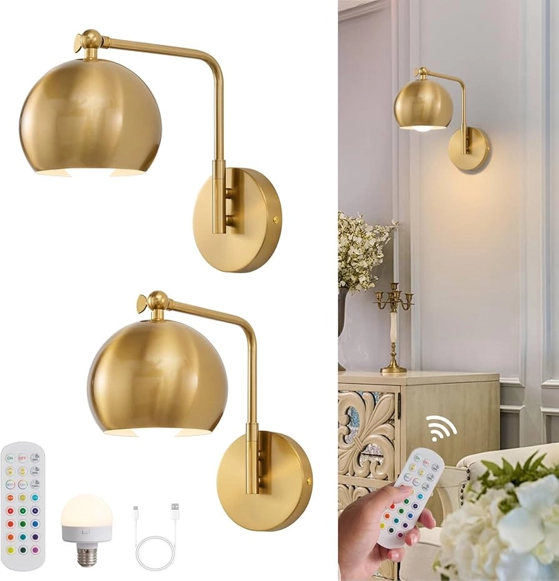 Gold Battery Operated Wall Sconces Set of 2, Rechargeable Cordless Wall Light Fixture with Remote, Dimmable Wireless Battery Powered Wall Decor Lighting Lamp for Bedroom Living Room