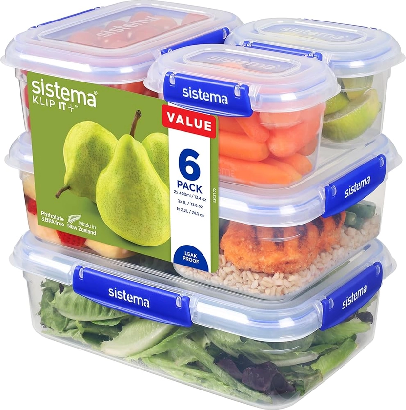 Sistema KLIP IT PLUS Leakproof Food Storage Containers | 2.2 L, 1 L, 400 ml | Airtight & Stackable Meal Prep Containers with Lids | School Lunch Boxes & Snack Boxes | BPA-Free | 6 Count