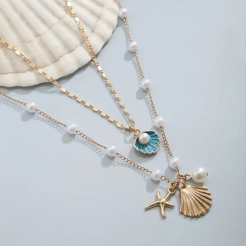 2pcs Multi-Layered Fashionable Necklaces Ocean-Inspired Starfish & Shell Pendant With Pearls, Vacation Style, Sea-Themed Jewelry For Women