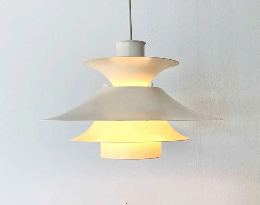 Danish Minimalist Mid Century Design Ceiling Lamp In Off White Metal With Elegant Multilayer Shades And Trumpet Top | Vinterior