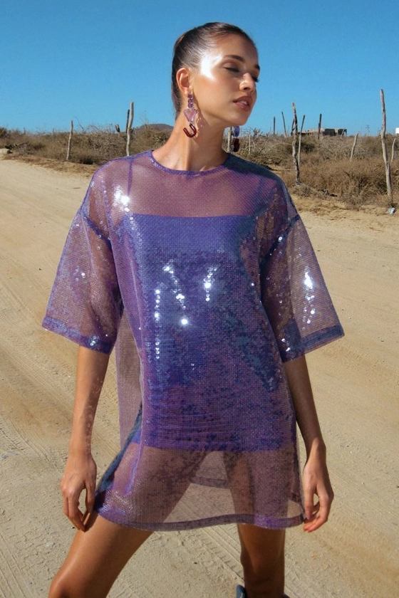 Lichtpaarse T-shirt jurk met pailletten | Loavies