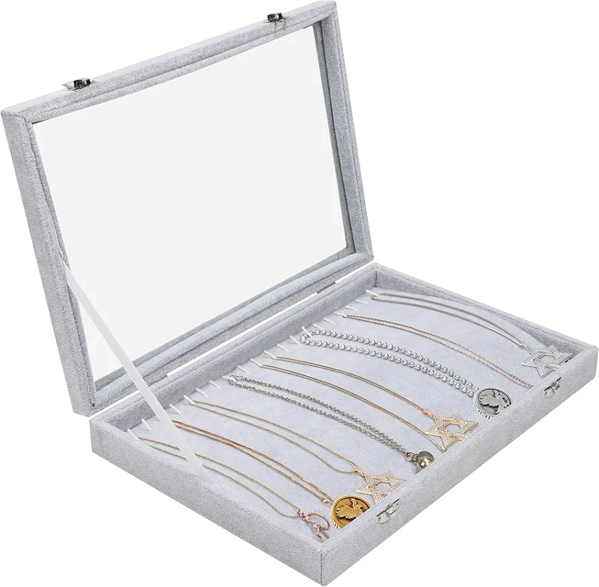 BELLE VOUS Necklace Holder Jewellery Box - Velvet Necklace Storage Organiser/Jewellery Storage Organiser - Grey Necklace Box for Necklaces, Bracelets, Earrings & Anklets