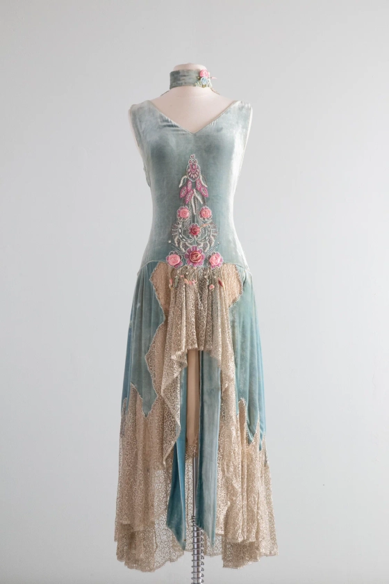 Museum Quality 1920’s Erotic Couture Evening Dress By Sadie Nemser 'Secret Garden' Aquamarine Silk Velvet / Small