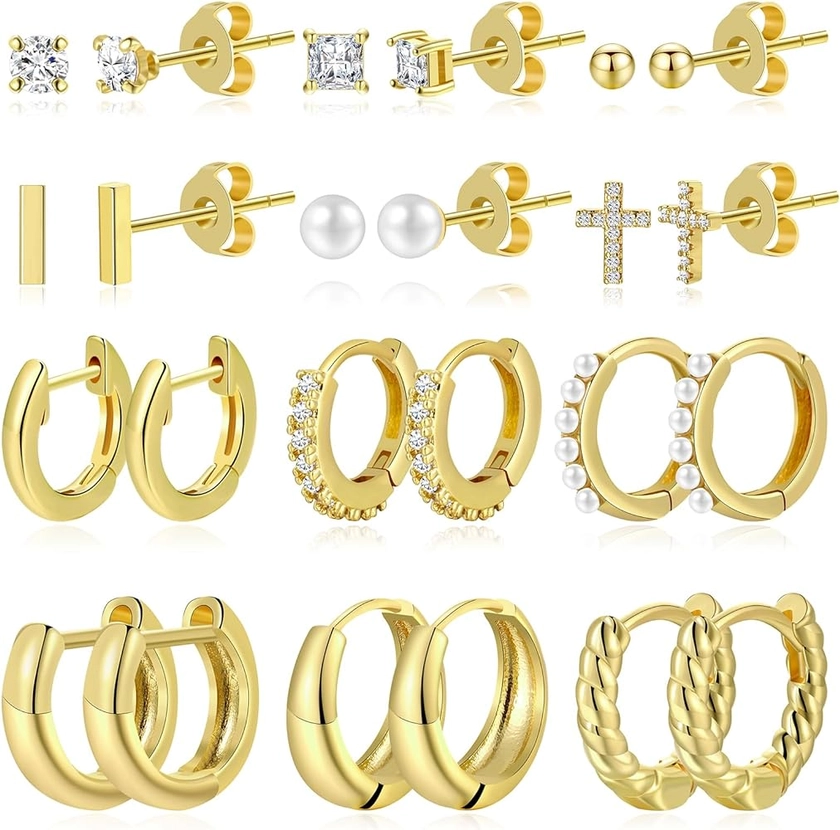 12 Pairs Small Gold Huggie Hoop Earrings Set for Women, 14K Gold Plated Hypoallergenic Tiny Trendy Stud Cartilage Earrings Pack for Girls Jewelry Gifts