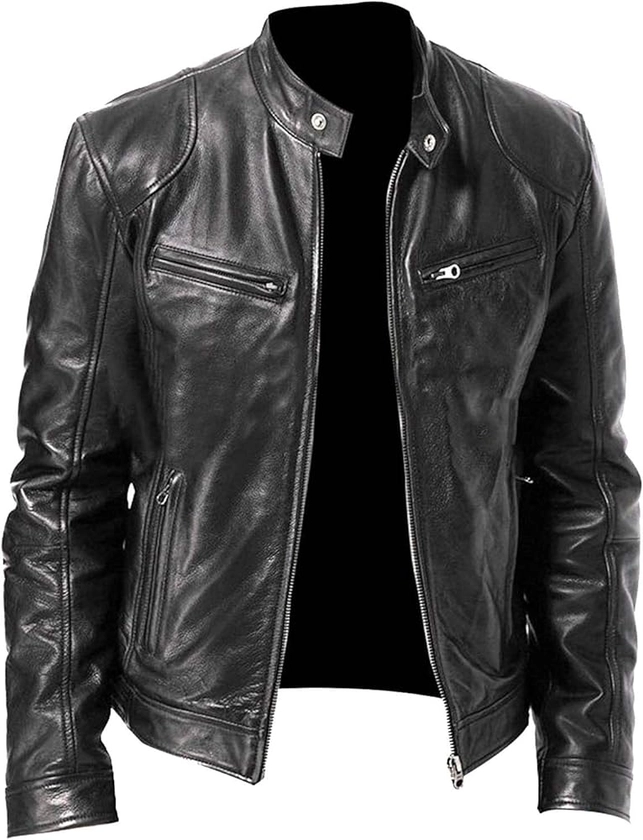 Men's Leather Biker Jacket - Vintage Leather Jacket Men Motorcycle - Stand Collar Distressed Leather Bomber Jacket Men