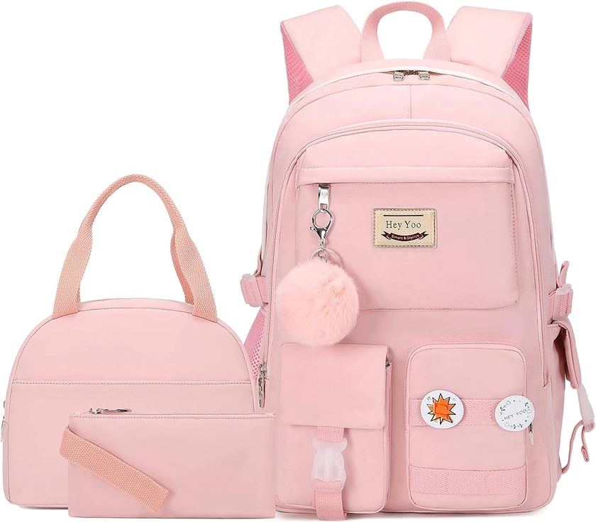 Hey Yoo School Backpack with Lunch Box, Backpack Set Cute School Bag Bookbag for Teen Girls (Pink)