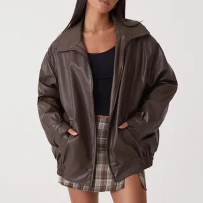 Collared Faux Leather Zip-Up Jacket