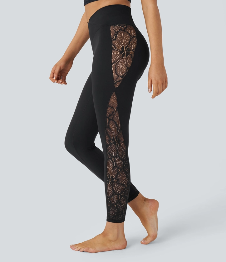 Softlyzero™ Legging Yoga 7/8 Taille Haute avec Découpe Croisée et Dentelle Contrastante