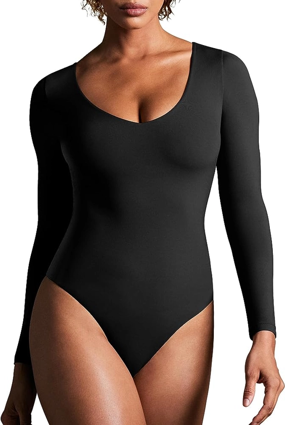 IUGA Long Sleeve Bodysuits for Women Tummy Control Shapewear Bodysuit V Neck Body Suits for Womens