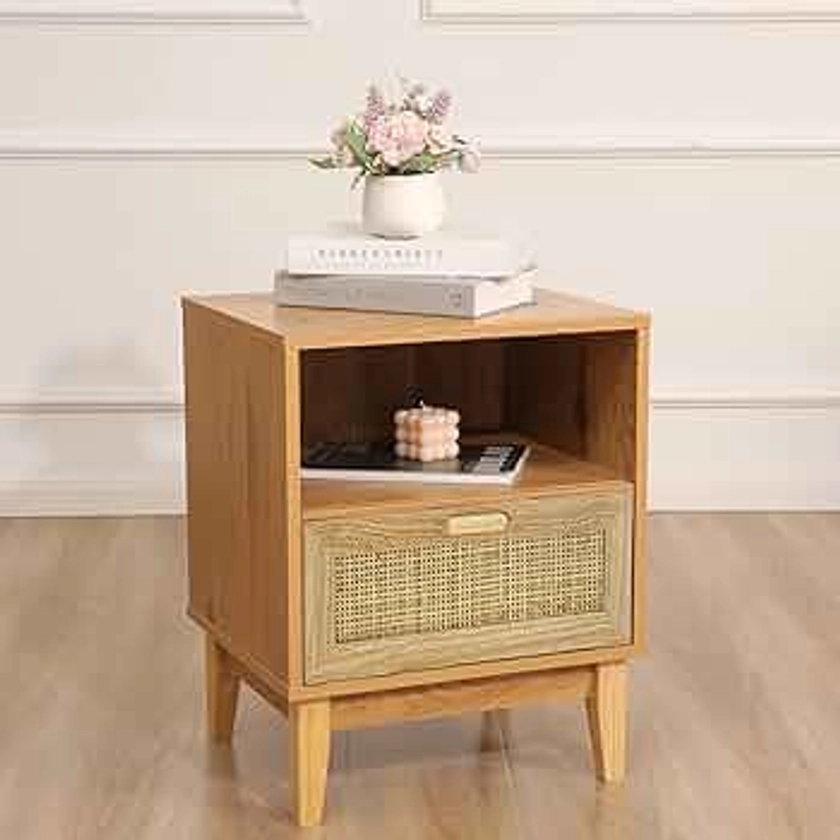 Bedside Table, 40x30x51cm, Small Bedside Table With Hand Made Rattan Decorated Drawers, Rattan Bedside Table, Wood Nigntstand, Bed Side Table For Bedroom, Natural(1pc)