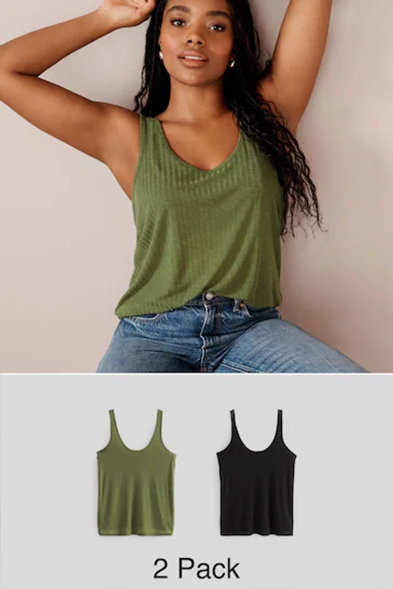 Black/ Khaki Green Strappy Scoop Neck Slouch Ribbed Vest 2 Pack