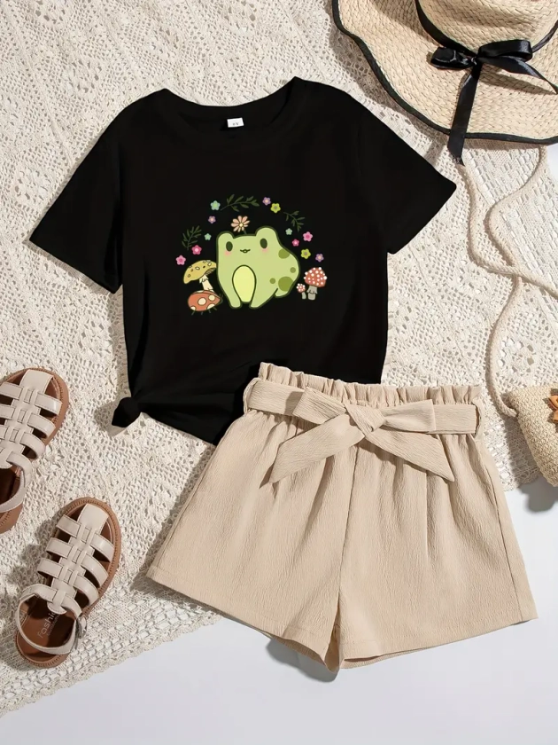 Cute Cartoon Frog With Mushroom Graphic Print, Tween Girls' Casual & Stylish Outfit, 2pcs/set Short Sleeve Crew Neck Tee & High Waisted Paper Bag Shor